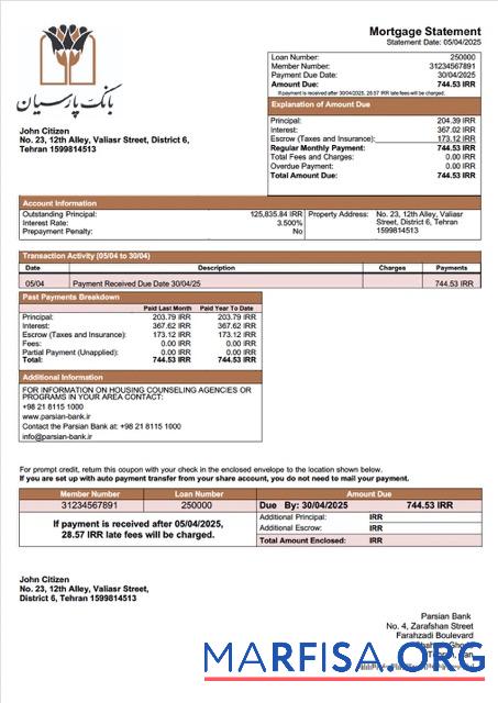 Realistic Iran Parsian Bank mortgage statement Word and PDF template